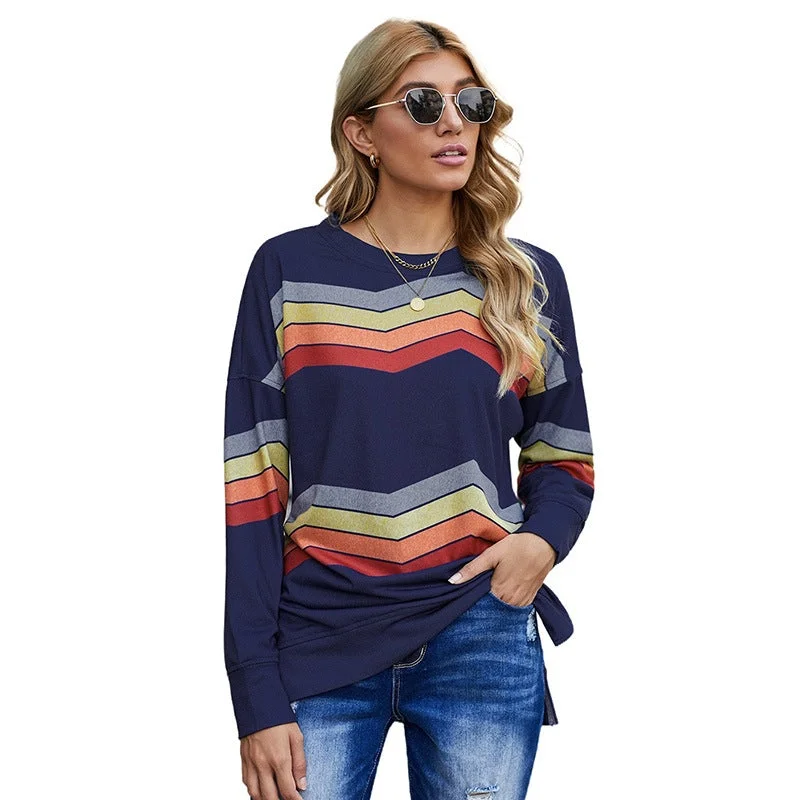Women's Sweatshirt Fashion Striped Crew Neck Long Sleeve Top