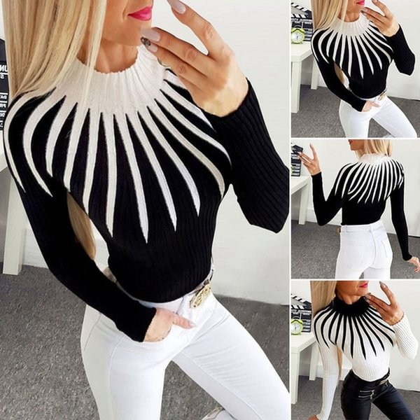 2020 Women Ladies Autumn and Winter Fashion Slim Fit Long Sleeve Sweaters Geometric Splice Color Pullover Turtleneck Sweater Pullover Tops - Shop Trendy Women's Fashion | TeeYours