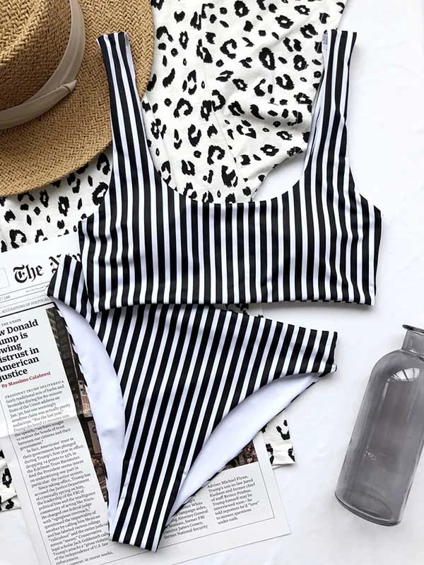 Striped Printed Square-Neck Split Bikini Swimsuit