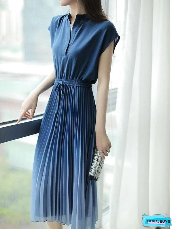 Pleated Gradient Tie Elastic Waist Dress