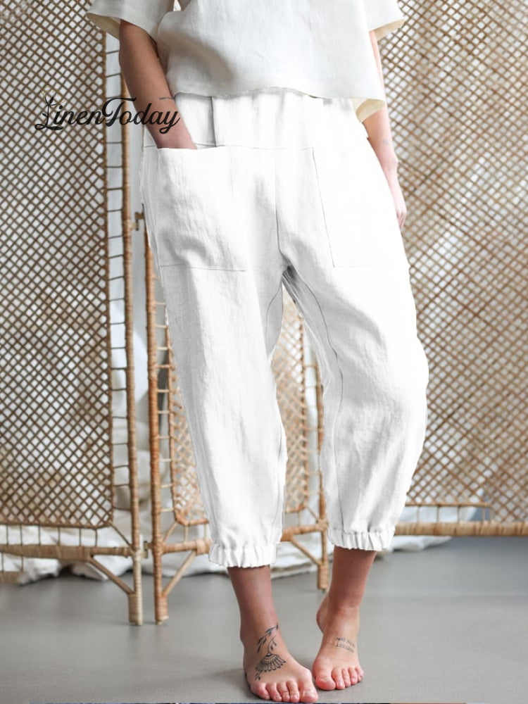 Women’s Cotton And Linen Pocket Casual Pants White / S