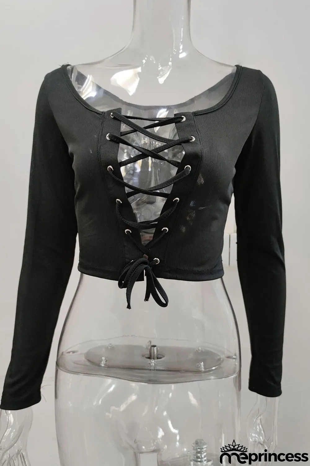 Black Sexy Solid Bandage Hollowed Out Split Joint U Neck Tops