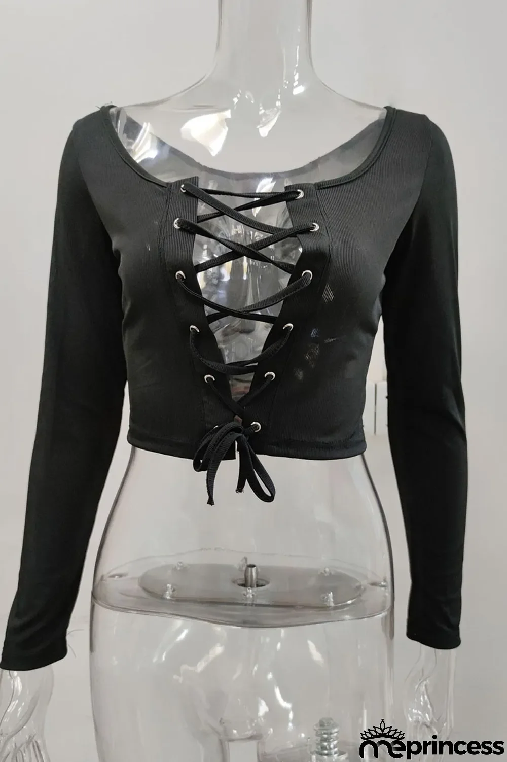 Black Sexy Solid Bandage Hollowed Out Split Joint U Neck Tops