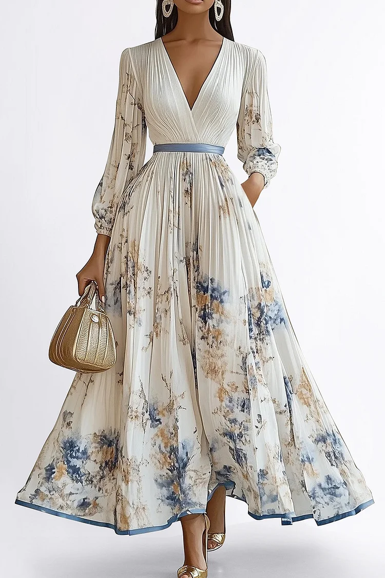 Zaruci Semi Formal White Chiffon Floral Print Wrap Long Sleeve Pleated Maxi Dress [Pre-Order]