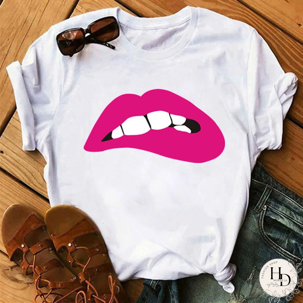White Rose Red Fashion Casual Lips Printed Basic O Neck Tops