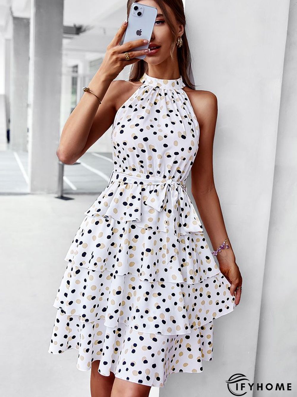 Temperament Casual Polka Dot Cake Dresses Women Summer Halter Neck Sleeveless Lace Up All Match A Line Dress | IFYHOME
