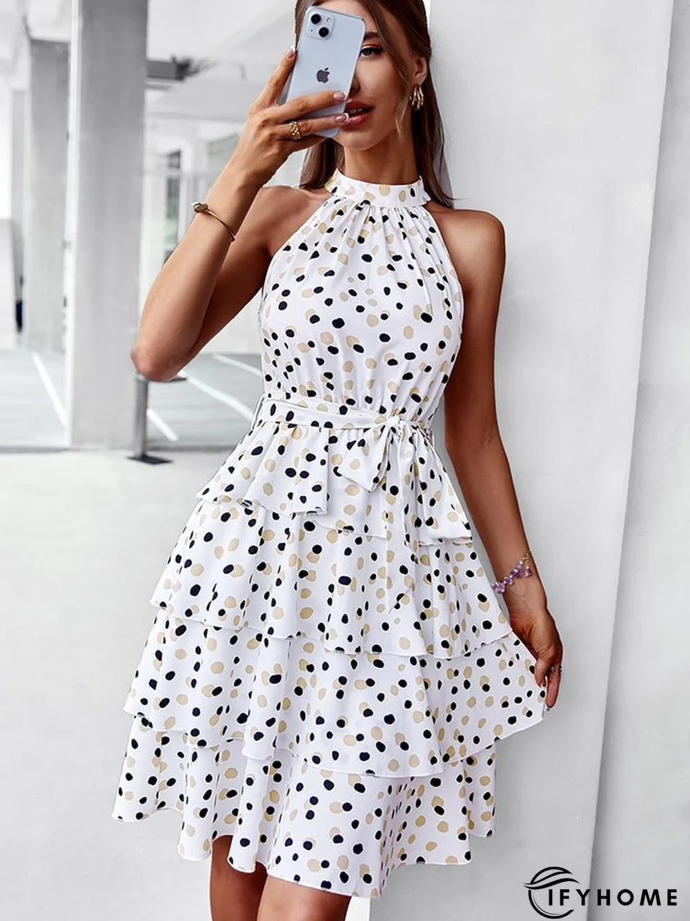 Temperament Casual Polka Dot Cake Dresses Women Summer Halter Neck Sleeveless Lace Up All Match A Line Dress | IFYHOME
