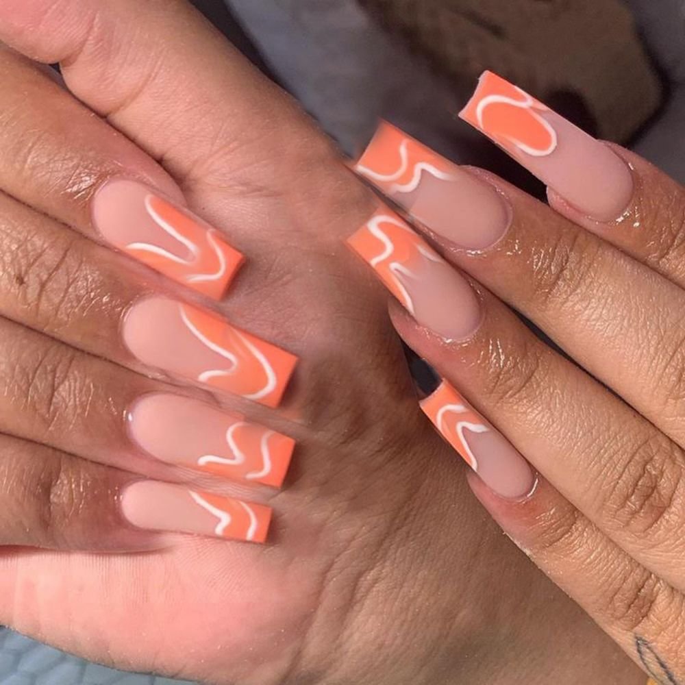 24pcs Long Coffin False Nails Wave Series Heat Wave Beach Full Cover Fake Nails Press On Nails Nail Supplies Artificial Nail Tip
