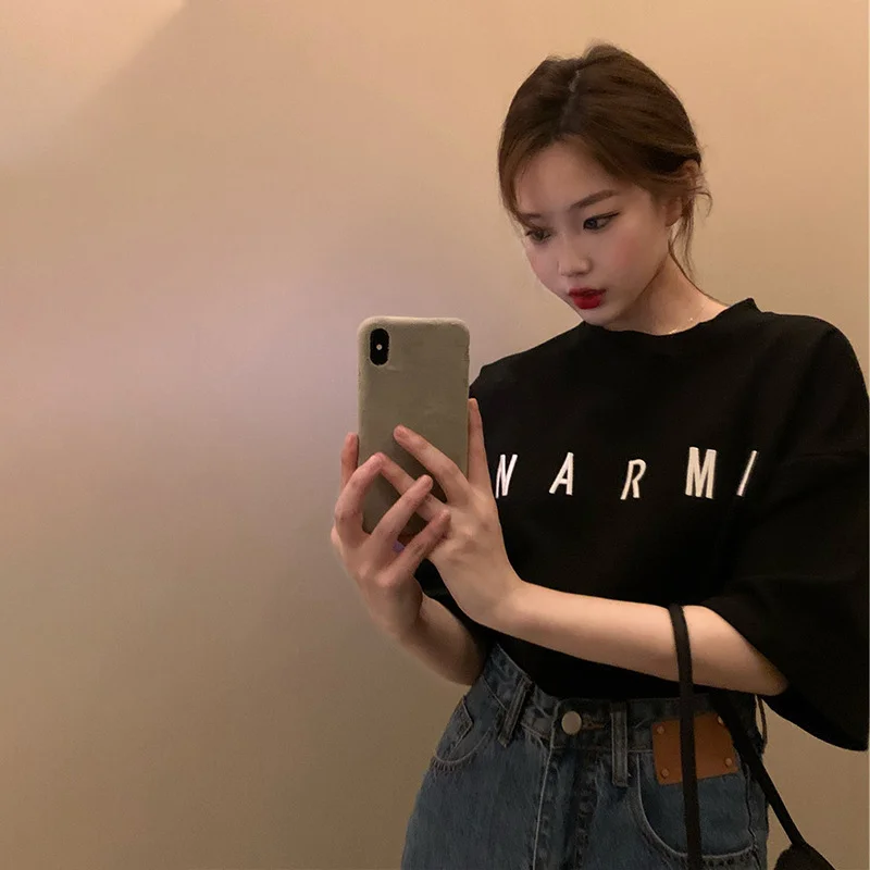 Brownm Brownm Sleeve T-Shirt Women's Ins Tide Loose Korean Version Medium Long Short Sleeve Letter Embroidered Jacket Women's Summer 2024 New