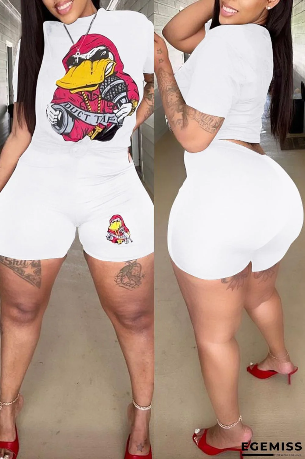 White Fashion Casual Print Basic O Neck Short Sleeve Two Pieces | EGEMISS