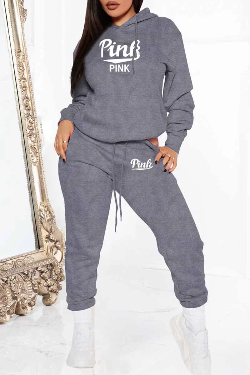 Street Print Letter Hooded Collar Long Sleeve Two Pieces