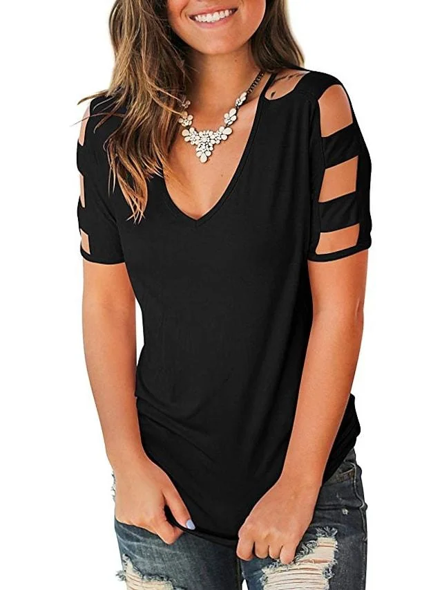 T-Shirts Cute Rayon Tops Cut Out Shoulder Tees Blouses