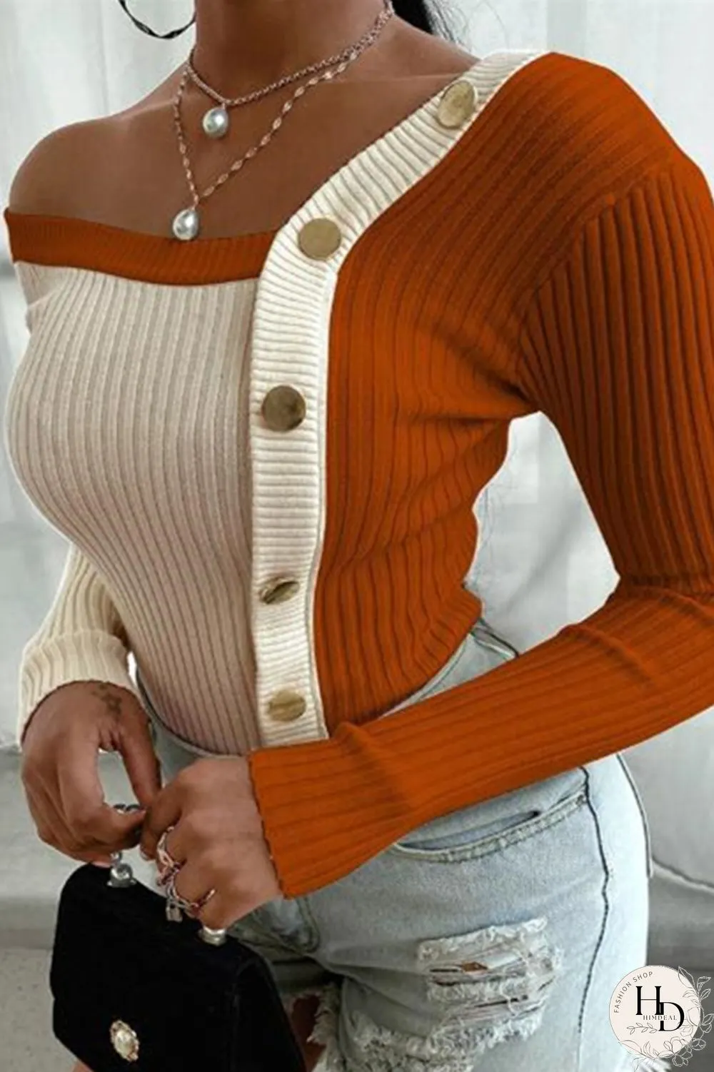 Orange Fashion Casual Oblique Collar Long Sleeve Regular Sleeve Regular Patchwork Solid Tops