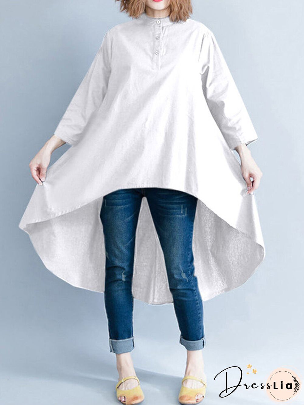 Solid Irregular Hem Button Stand Collar Blouse