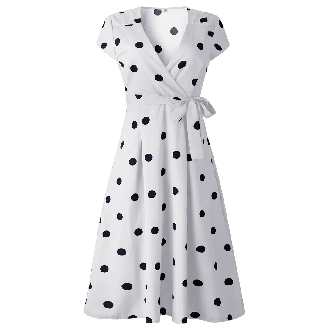 2021 Summer Dress Women Vintage Dress Casual Polka Dot Printed A-Line Party Dresses Sexy V-neck Short Sleeve Long Dress Fashion