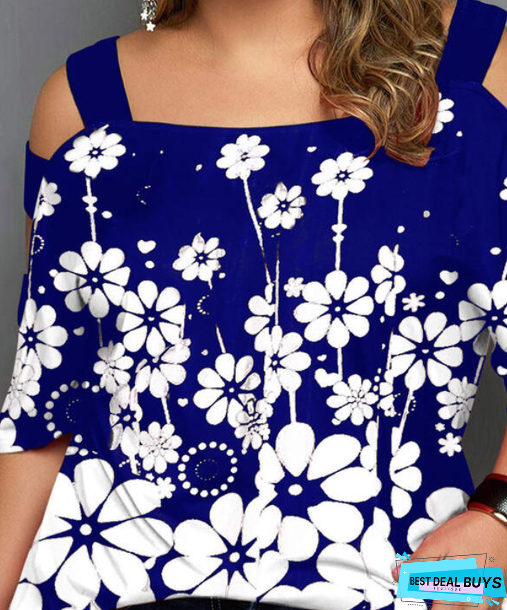 Print Floral Cold Shoulder 3/4 Sleeves Casual Plus Size Blouses