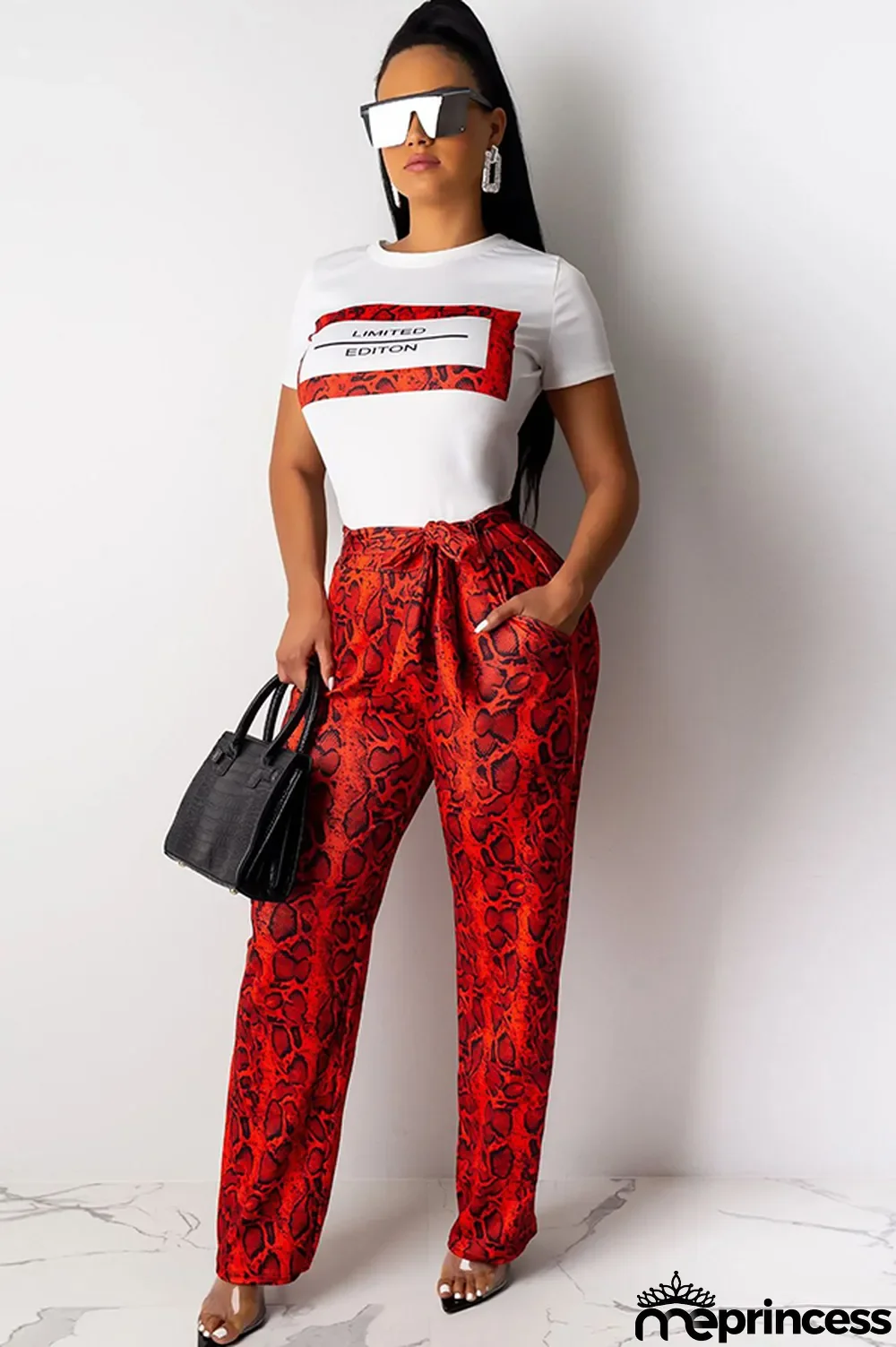 Red Polyester Drawstring Mid Patchwork Print Loose Pants Pants