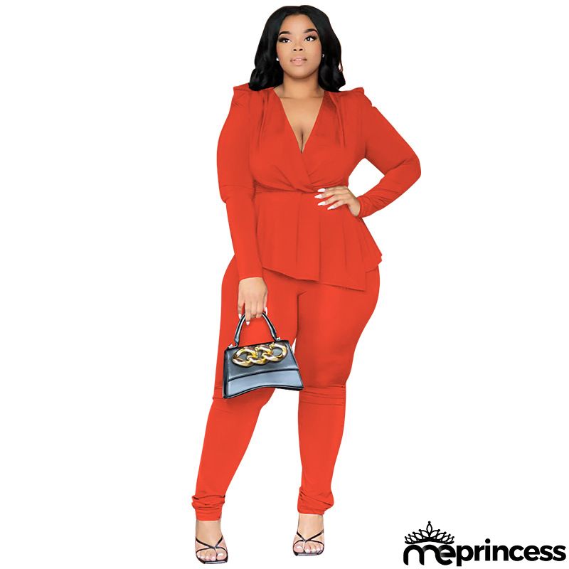 Women Fashion Plus Size Sexy Deep V-Neck Long Sleeve Top Pants Two-Piece Set