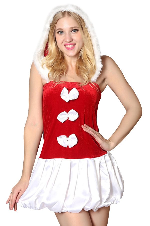 Womens Adult Sleeveless Hooded Bowknot Christmas Santa Costume Red-elleschic