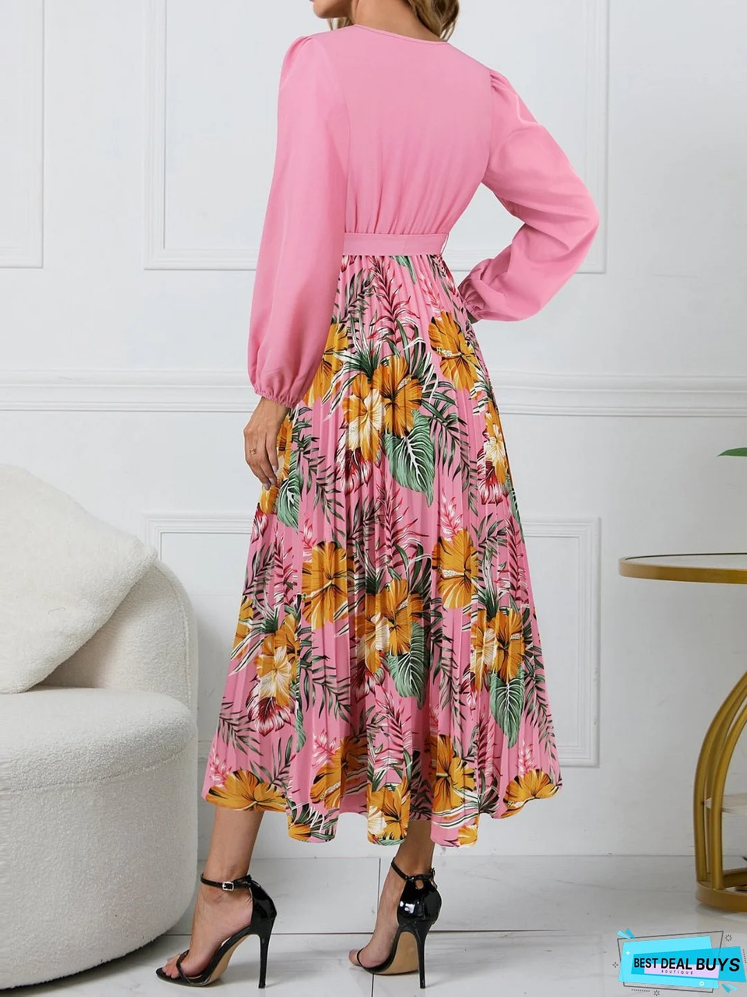 Pleated Printed Surplice Long Sleeve Dress