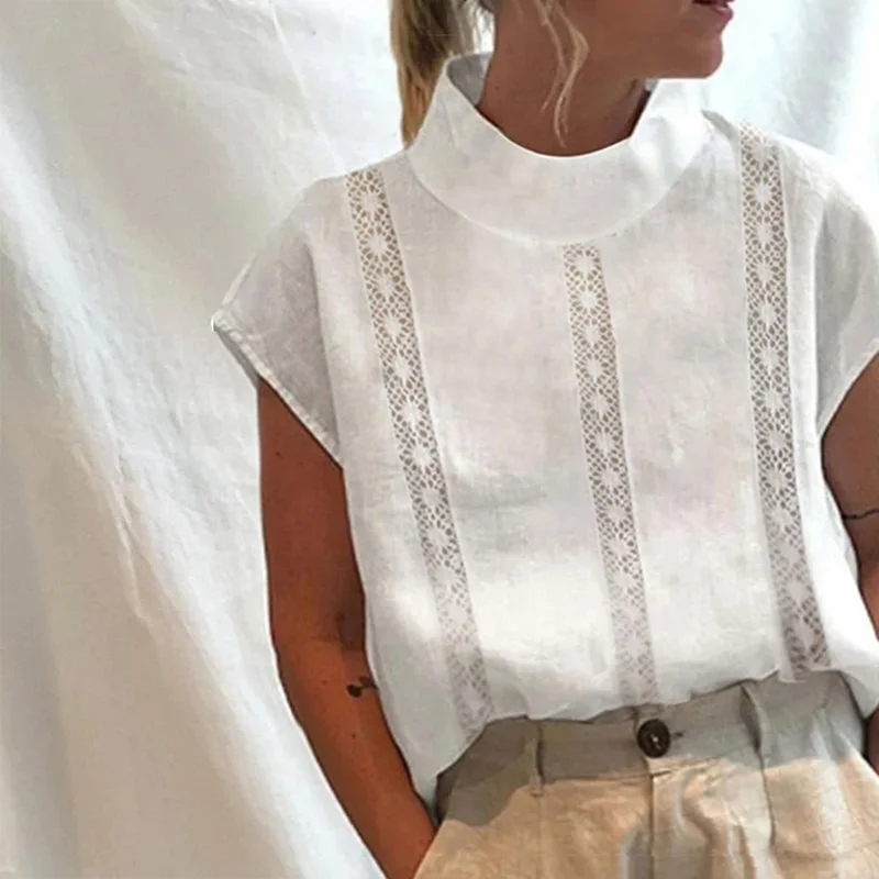 Solid Color Lace Panel Short Sleeve Blouse