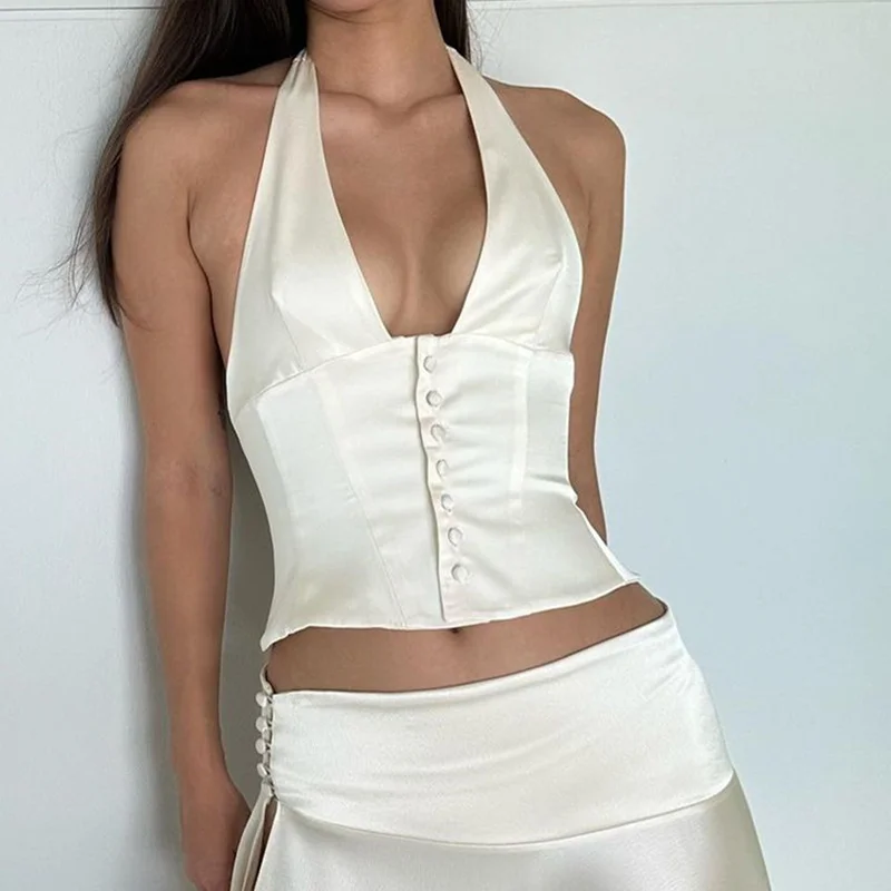 Uveng Uveng Spring Women's New Fashion Sexy Hot Girl Satin Lace-Up Neck Vest Temperament Slim Skirt Suit