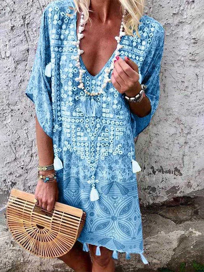Uveng Bohemian Sexy V-neck Printed Tassel Dresses