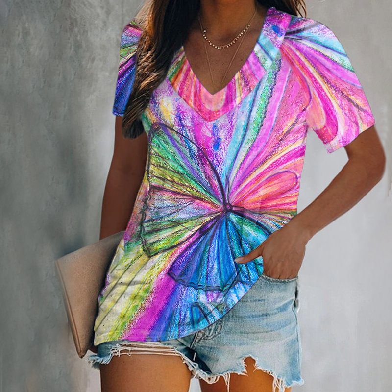 Rainbow Butterfly Tie-dye Printed Women's T-shirt