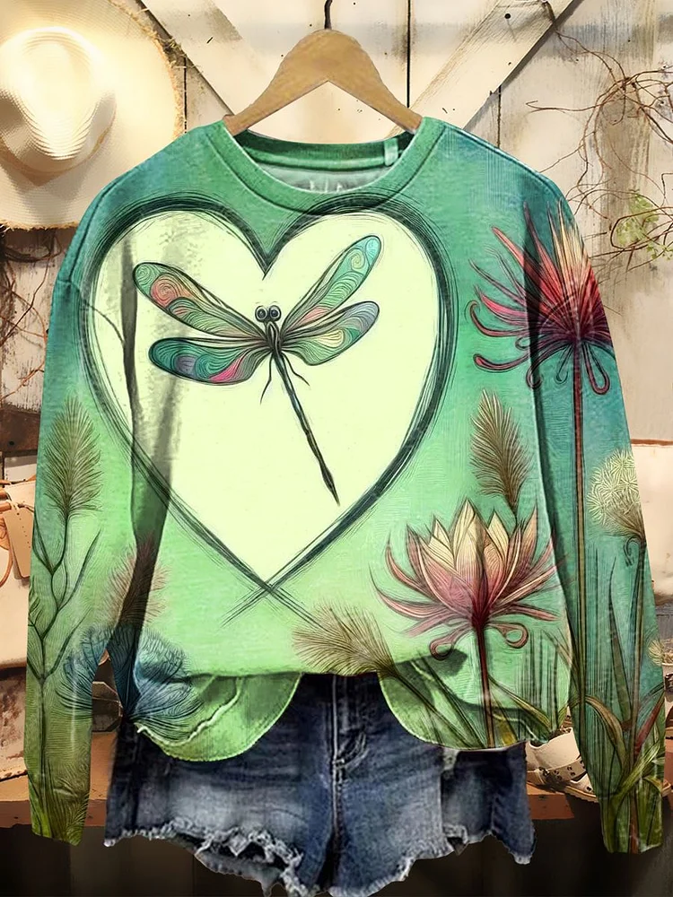 Women's Dragonfly Print Casual Crew Neck Sweatshirt
