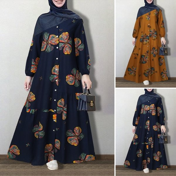 Zanzea Muslim Dress Women Long Sleeve Cotton Kaftan Vintage Floral Printed Long Dresses - BlackFridayBuys