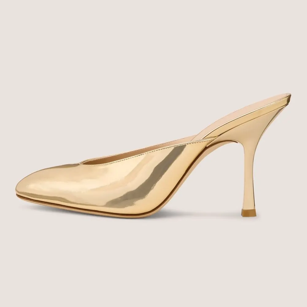 Gold Patent Leather Round Toe Stiletto Heel Womens Mules Shoes