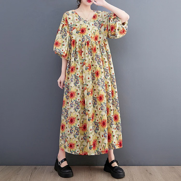 Literary Print Round Neck Short Sleeve Midi Dress