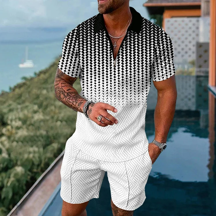 Men's casual black and white printed Polo suit