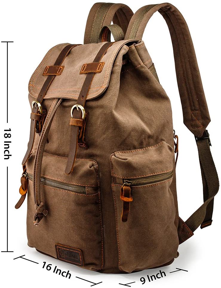 Vintage Canvas Backpack for Men Leather Rucksack Knapsack 15 inch Laptop Tote Satchel School Military Army Shoulder Rucksack Hiking Bag