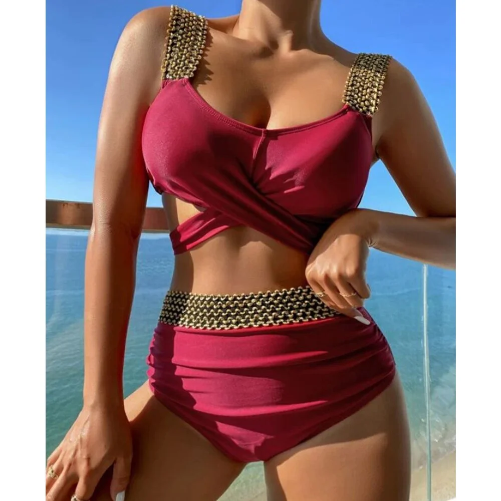 2022 New Women Two Piece Cross Wrap Bathing Suit Tie Back High Waist Tummy Control Swimsuit Curvy Bikini Set Swimwear biquini