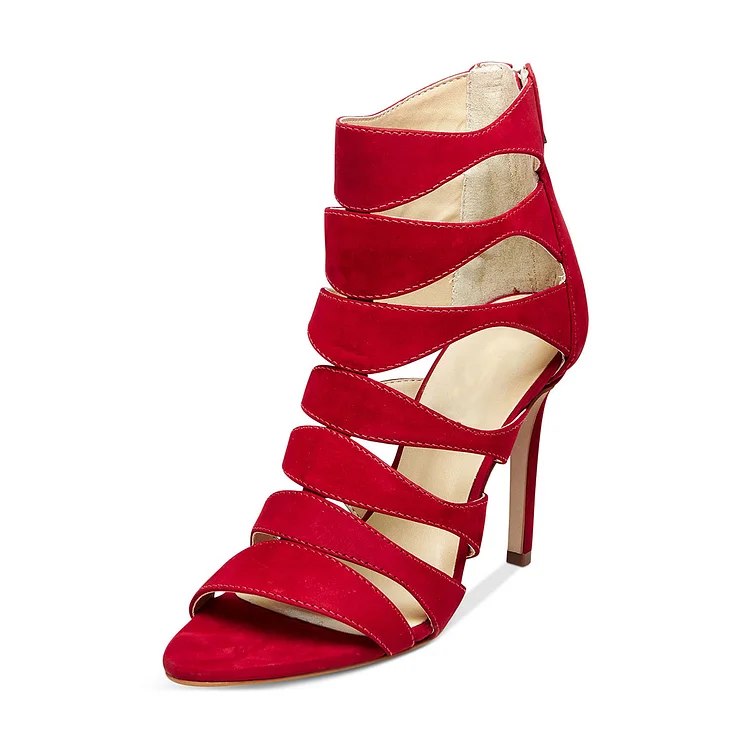 Red 3 Inch Heels Suede Hollow out Open Toe Stiletto Heel Sandals |FSJ Shoes