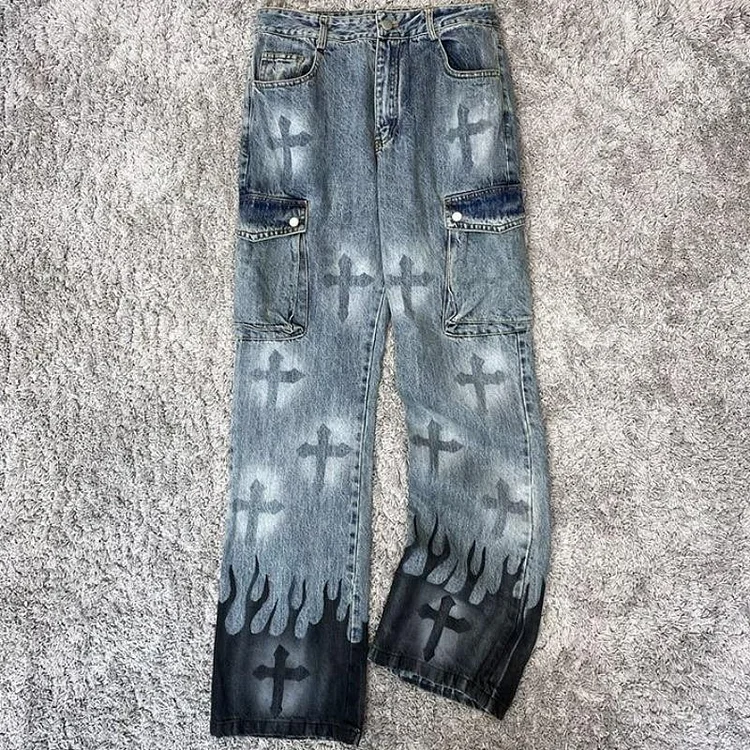 Men's Vintage Wash Cross Cargo Boyfriend Street Jeans