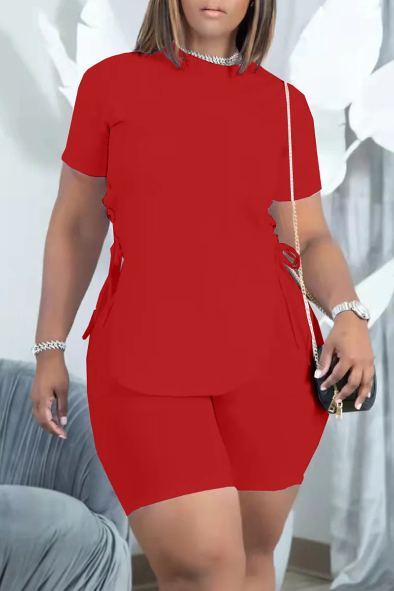 Red Fashion Casual Solid Bandage O Neck Short Sleeve Two Pieces | EGEMISS