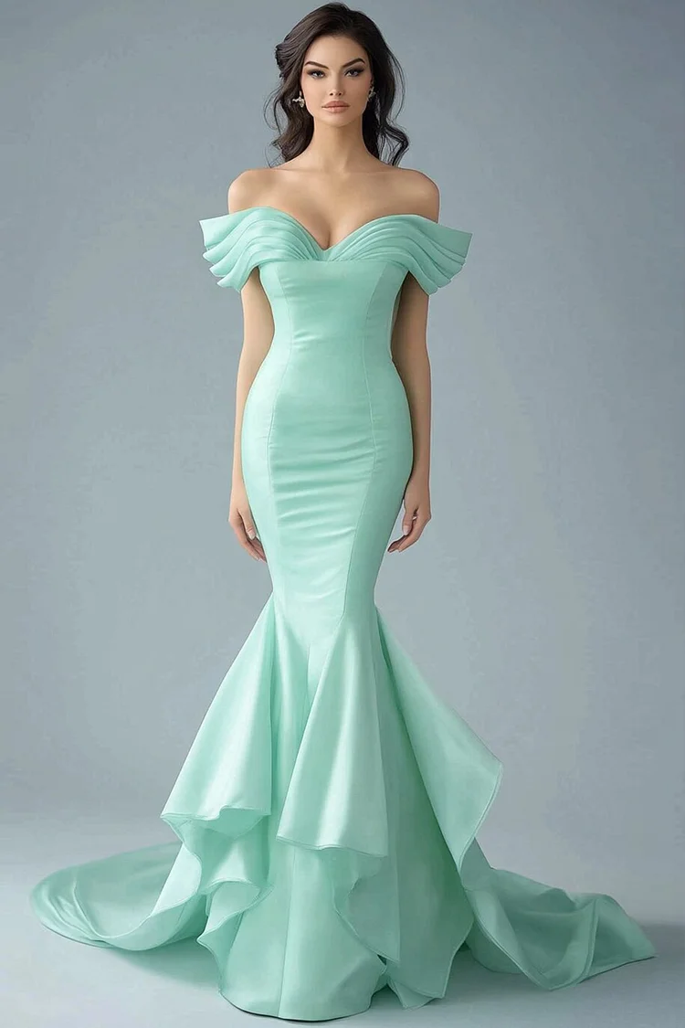 Pleated Off Shoulder Layered Mermaid Maxi Dress-Mint Green [Custom-Made]