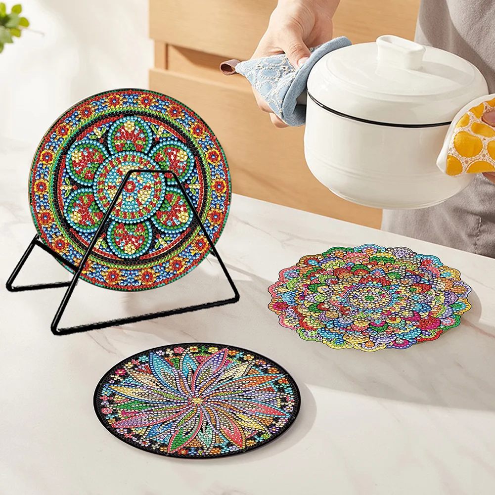 4pcs DIY Mandala Wooden Diamond Painted Placemats for Dining Table Decor(16*16cm)
