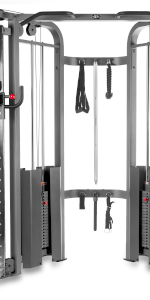 Functional trainer cable machine with dual 200 lb weight stacks & accessories hanging in center