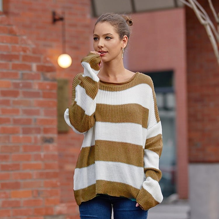 Color Matching Sweater with Rolled Round Collar and Stripe