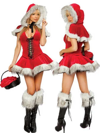 Red Furry Hood Wrap Christmas Present Costume Female Santa Costume-elleschic