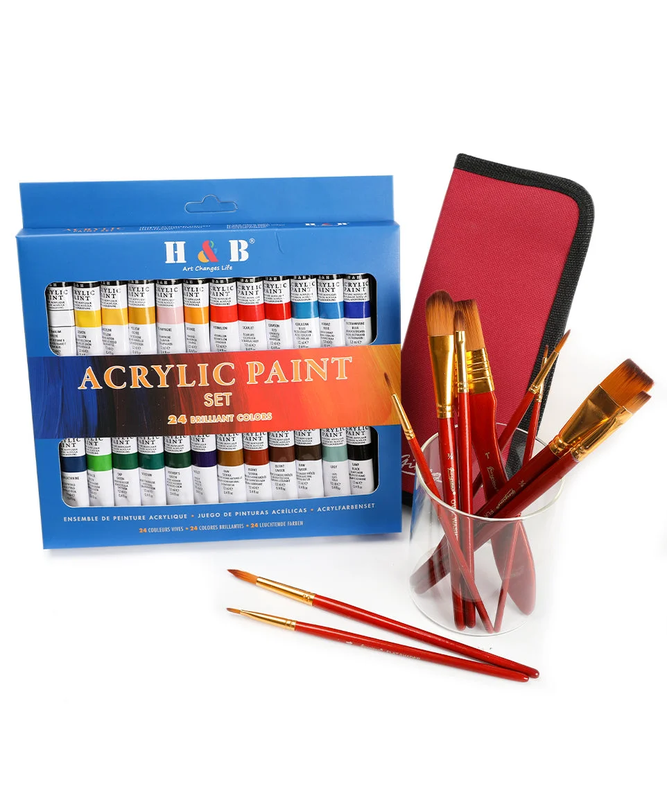 24 Colors Artist Premium Acrylic Paint With 11 Pcs Nylon Acrylic Painting Brush Set