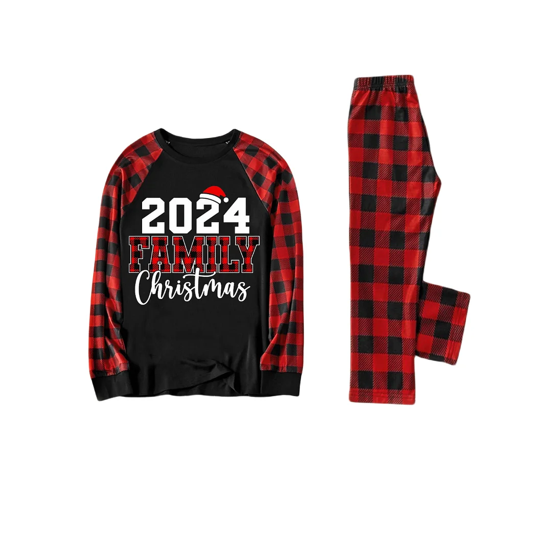 "2024 Family Christmas" Text Print Black & Red Plaid Christmas Matching Pajamas