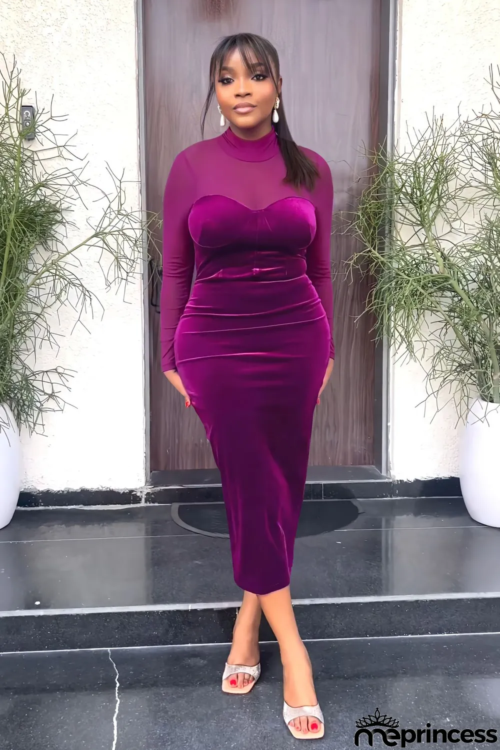 Long Sleeve Chic Mesh Patchwork Fit Women's Long Sleeve Midi Bodycon Dress