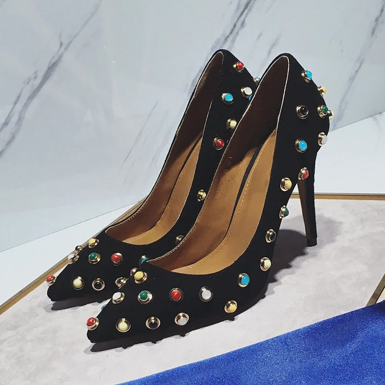 Studded Colorful Black Suede Pointy Toe Stiletto Heels Pumps Vdcoo