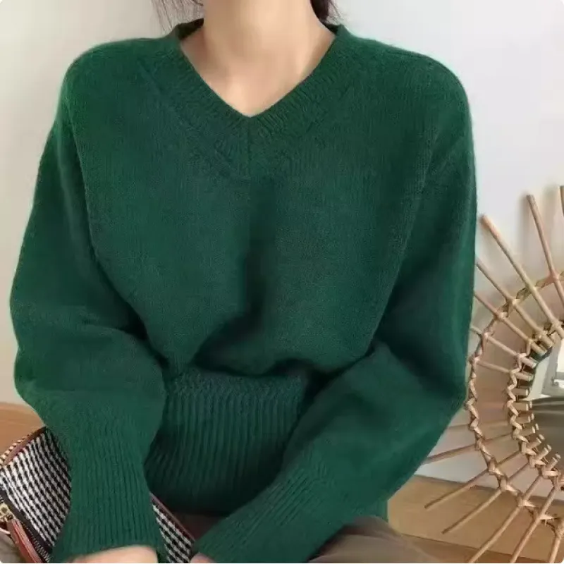 Brownm Brownm Temperament Gray V-Neck Knitted Shirt Women In Autumn To Hit The Bottom Of The High-End Feel Super Good-Looking Loose-Fitting Sweater Top