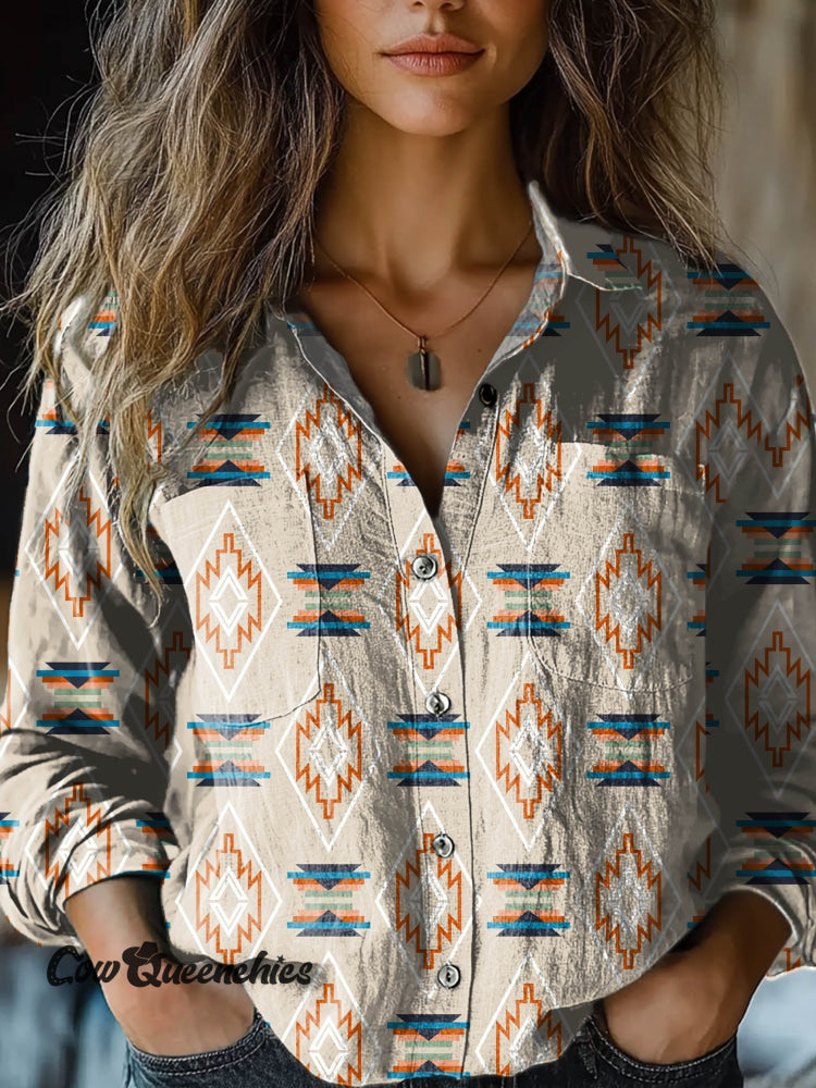 Women’s Vintage Camel Aztec Art Print Casual Long Sleeve Comfortable Cotton Shirt Multicolor / S