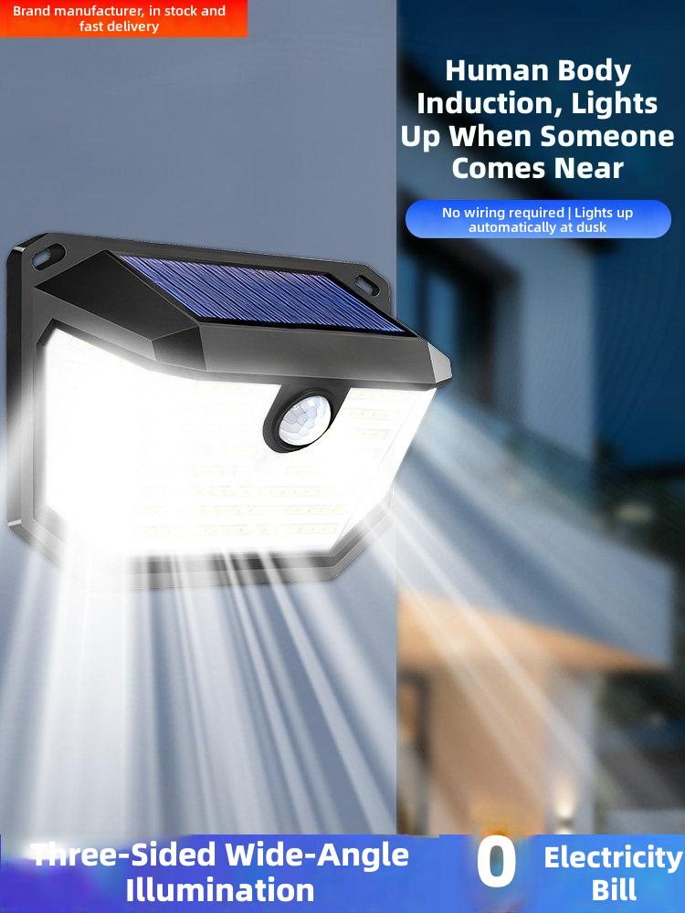 Solar Powered Motion Sensor Wall Light with Three-Sided Wide-Angle Illumination for Outdoor Security Lighting